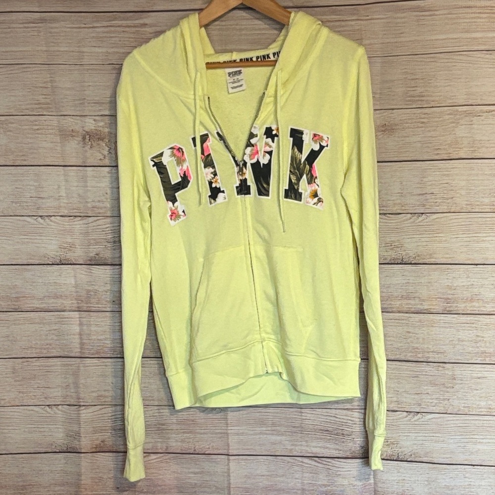 PINK Victoria's Secret Light Neon Yellow Tropical Floral Hoodie